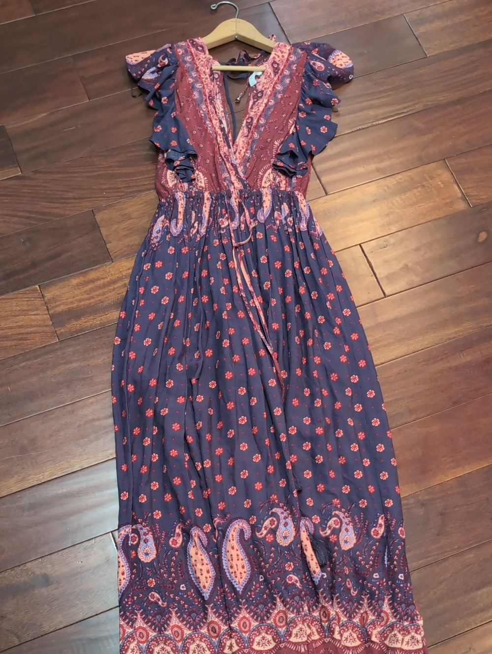 Ruffled V-Neck Maxi Dress in Navy and Coral